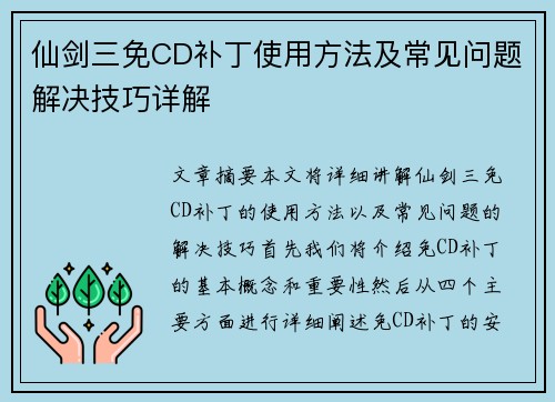 仙剑三免CD补丁使用方法及常见问题解决技巧详解